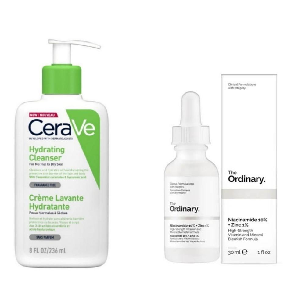 CeraVe Hydrating Cleanser + The Ordinary Niacinamide 10% + Zinc 1% Duo Bundle – Complete Cleanse & Brighten Skincare Set
