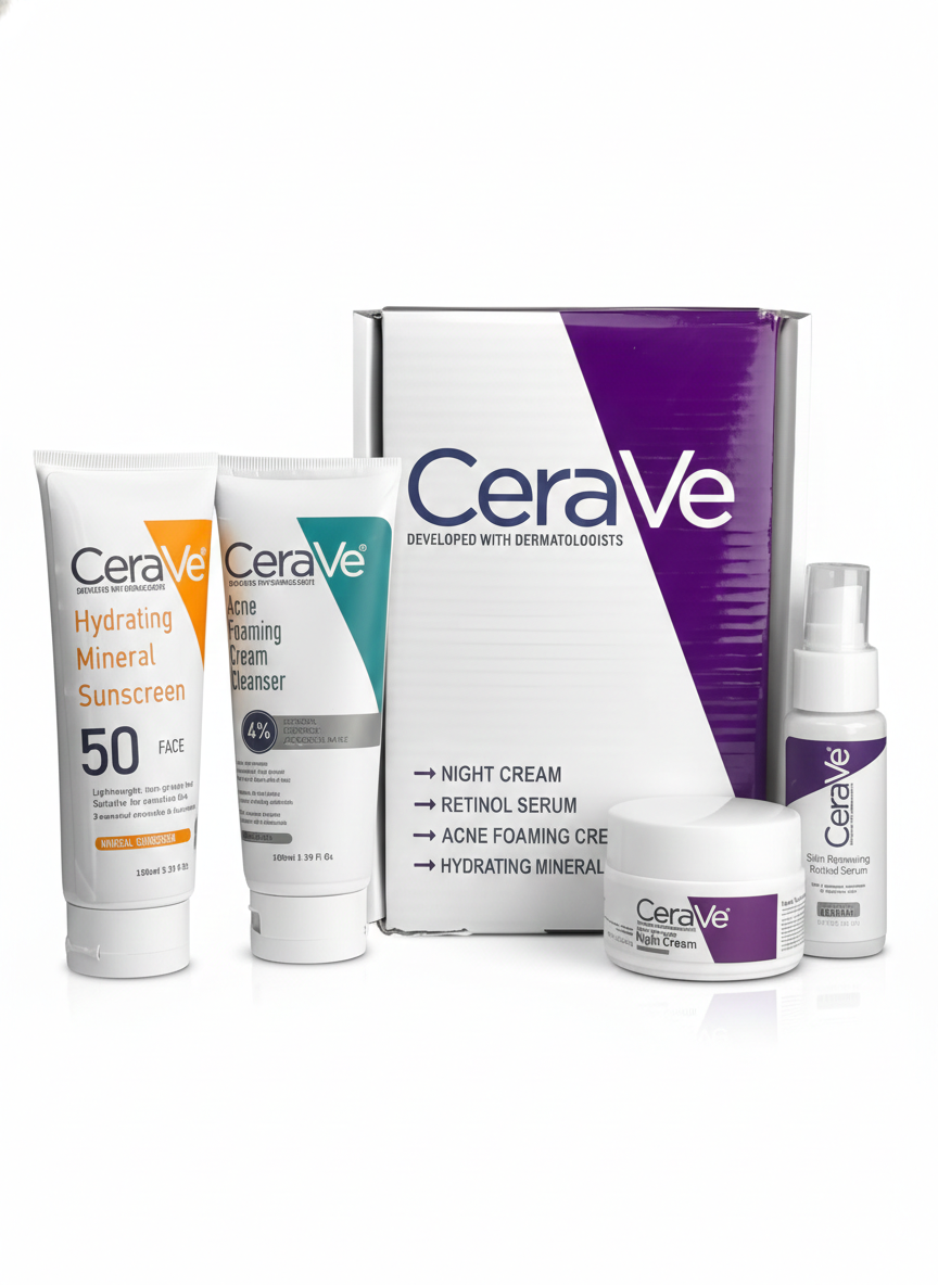 CeraVe Complete Acne & Hydration Skincare Kit | Cleanser, Retinol Serum, Night Cream & SPF 50 Sunscreen Set