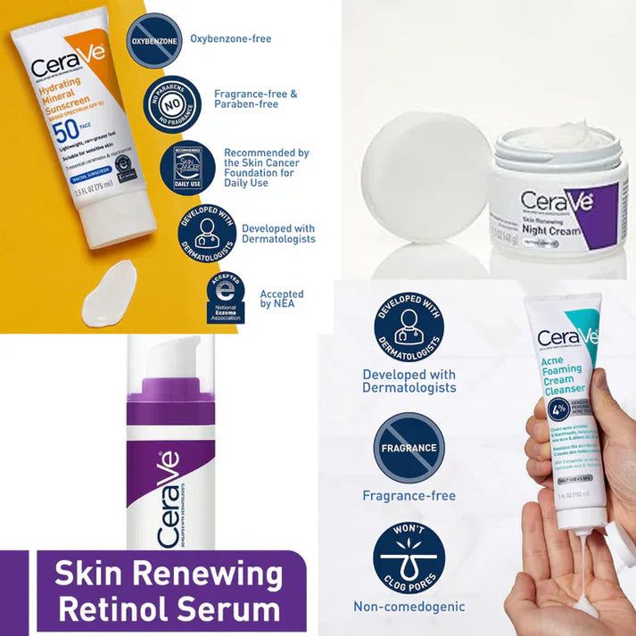 CeraVe Complete Acne & Hydration Skincare Kit | Cleanser, Retinol Serum, Night Cream & SPF 50 Sunscreen Set