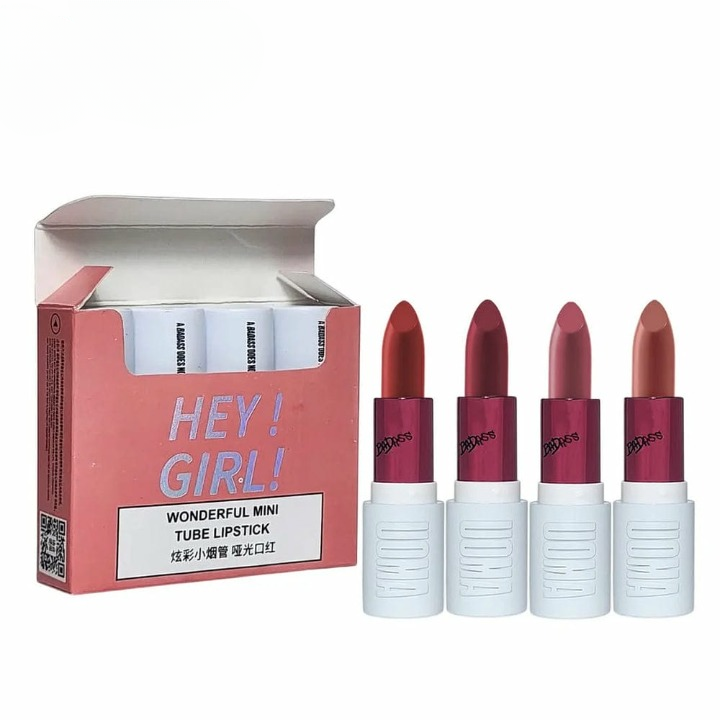 Heng Fang "Hey Girl!" Velvet Matte Mini Lipstick Set (Pack of 4) – Long Lasting & Highly Pigmented