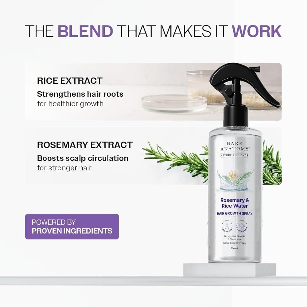 Bare Anatomy Rosemary & Rice Water Hair Growth Spray – 200ml | Strengthen & Thicken Hair